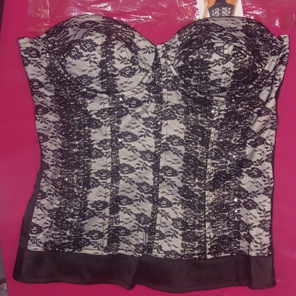 Shirley Of Hollywood Stretchy White Satin W/Black Lace & Sequins Corset (L) - Picture 9 of 11